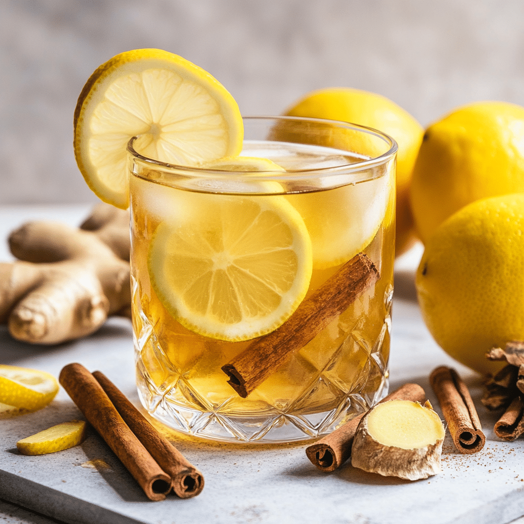 Glass of apple cider vinegar detox drink with lemon and cinnamon