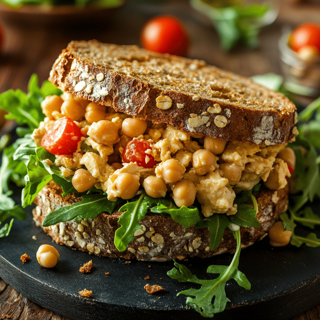 The Best Chickpea Chicken Salad You’ve Never Tried (High Protein & Big Flavor) Chickpea Chicken Salad Chickpea chicken salad sandwich with greens