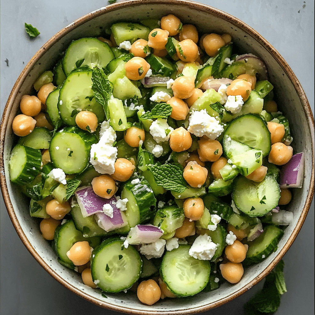 Flavor That Satisfies: This Powerful Cucumber Chickpea Salad Is Your Weight-Loss Hero Cucumber Chickpea Salad Fresh cucumber chickpea salad served in a white bowl.