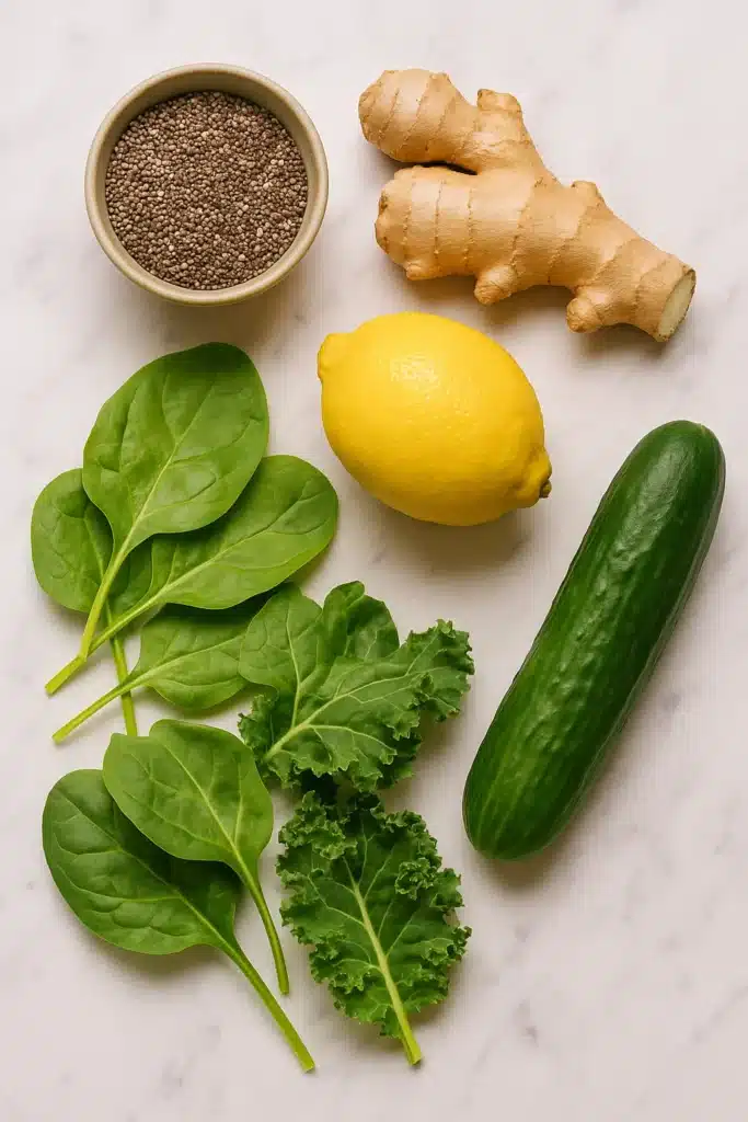 15 Powerful Detox Drinks Smoothies That Cleanse, Slim & Energize Naturally 4 Detox smoothie ingredients on a countertop