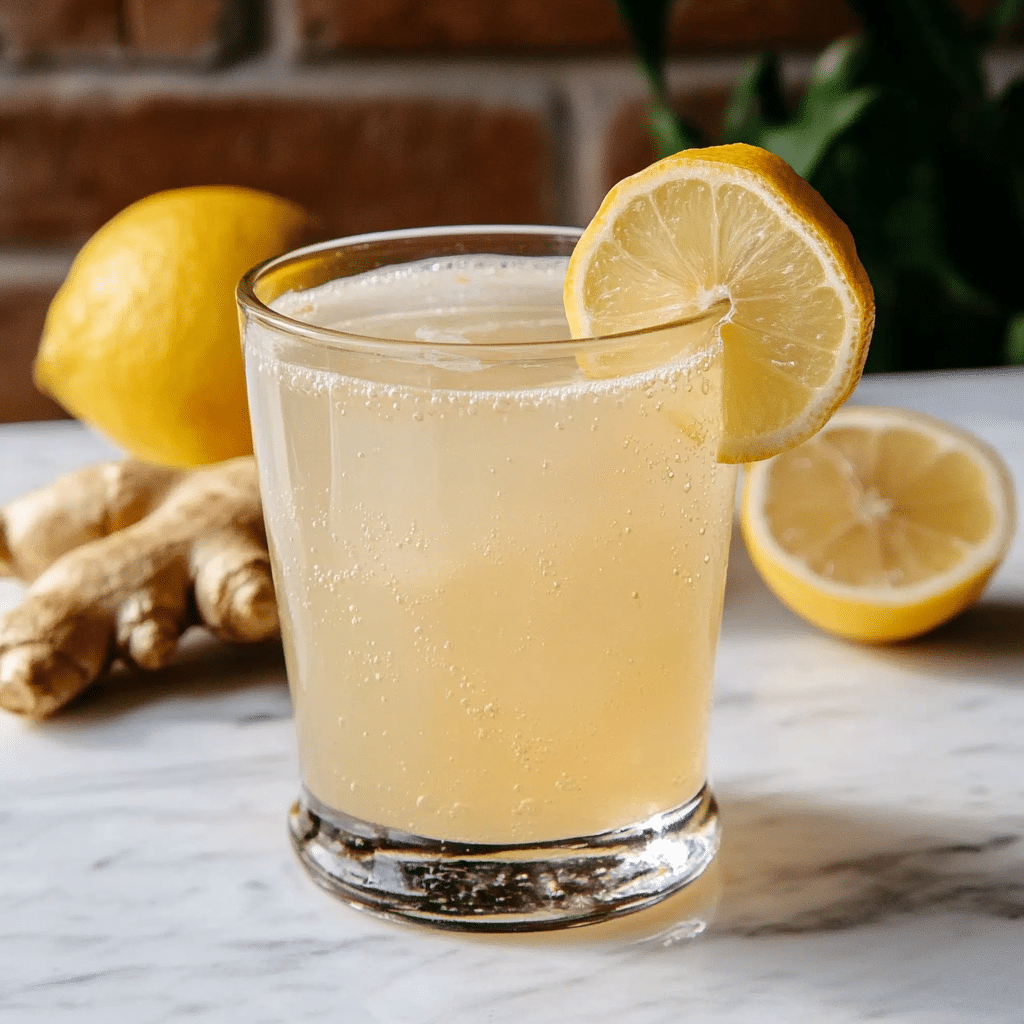 Japanese Water Recipe: Your Easy Path to Natural Weight Loss 6 A glass of sparkling Calpis drink with lemon slice garnish, fresh ginger, and lemons in the background