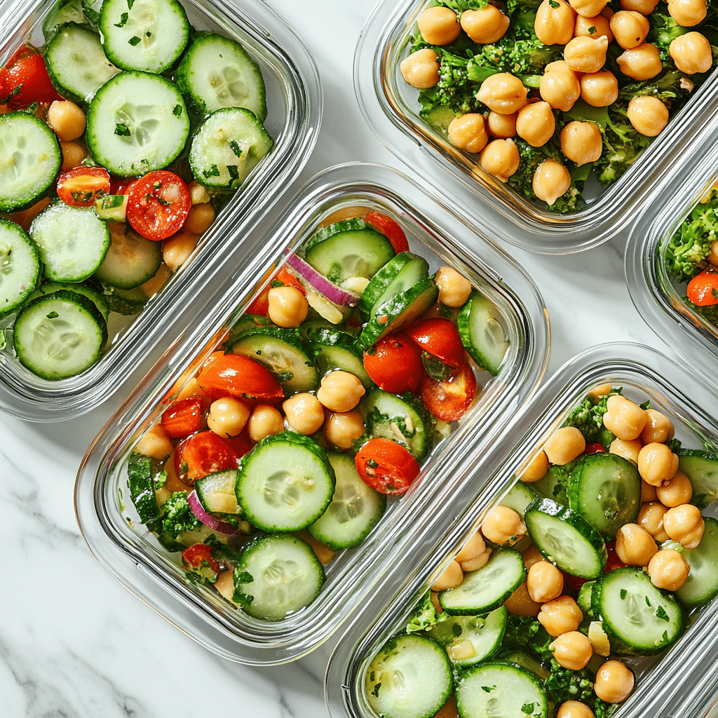 Flavor That Satisfies: This Powerful Cucumber Chickpea Salad Is Your Weight-Loss Hero Cucumber Chickpea Salad Cucumber chickpea salad packed in meal prep containers.