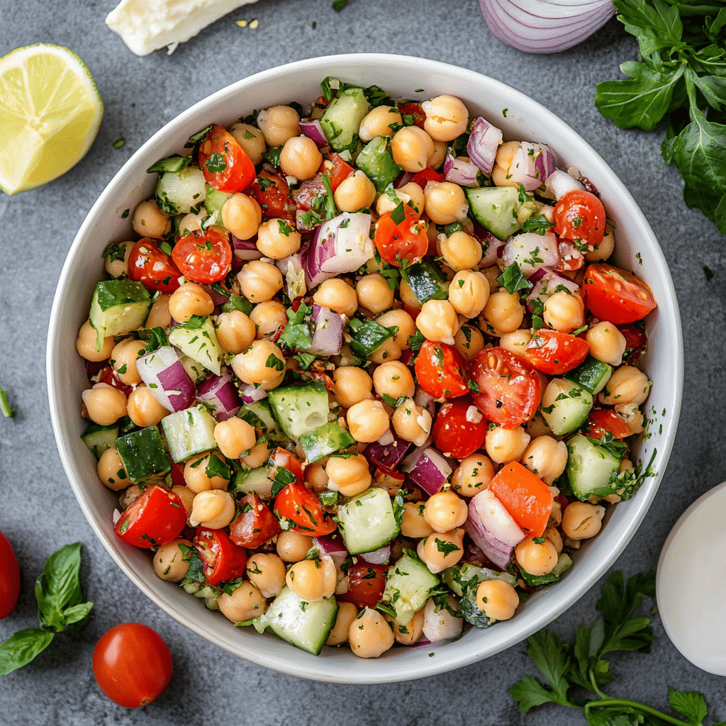 Crave-Worthy Chickpea Salad Lunch Ideas You’ll Love (Healthy, Easy & So Good) chickpea salad Mediterranean chickpea salad with fresh vegetables and feta