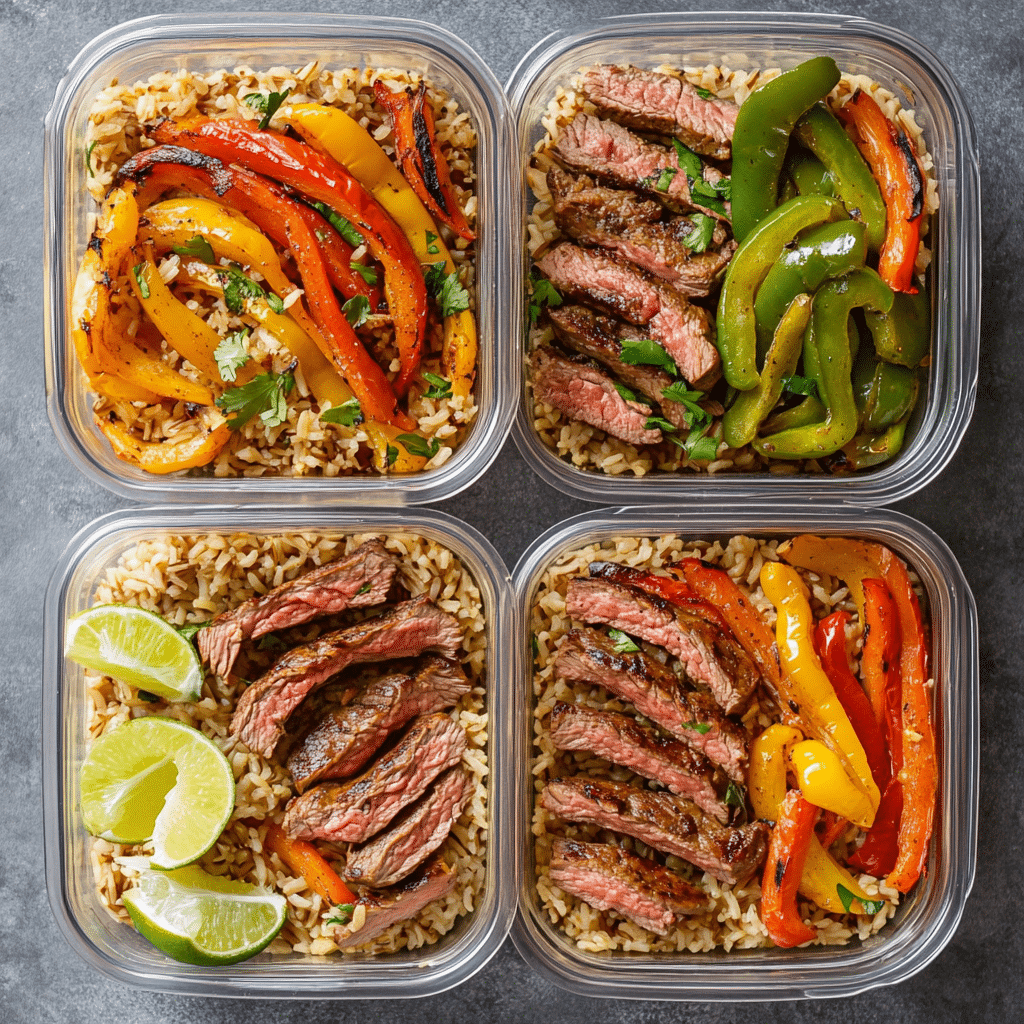 How to Make the Best Healthy Steak Fajitas That Taste Amazing steak fajitas Meal prep containers filled with steak fajitas and sides.