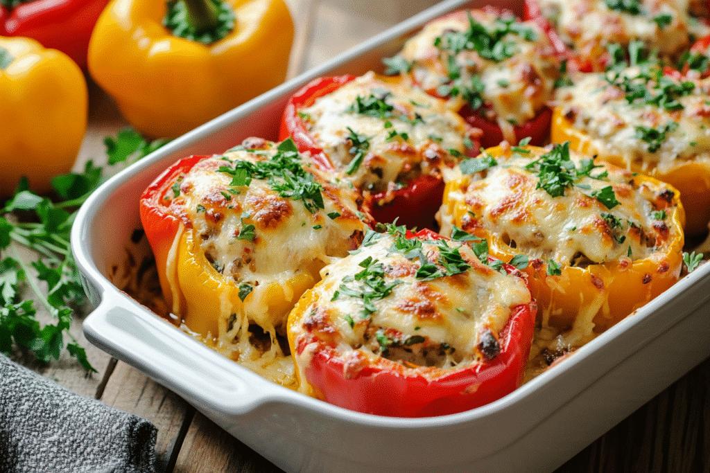 Healthy Stuffed Peppers You’ll Want Every Night | Easy Weight-Loss Recipe stuffed peppers Stuffed peppers baked with cheese and herbs in a ceramic dish