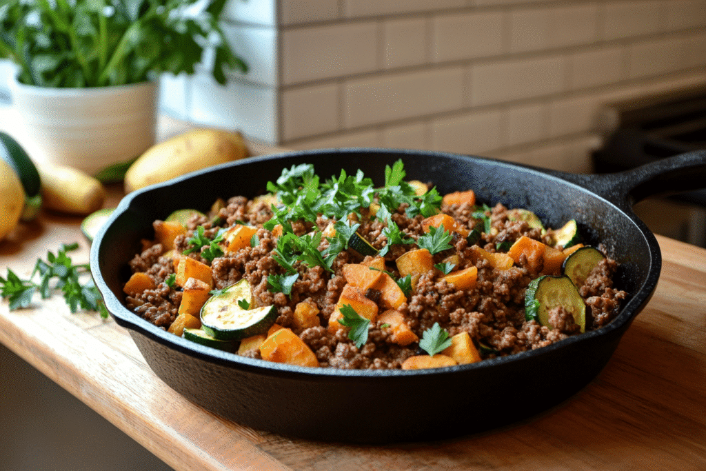 Delicious Home Made Ground Beef Zucchini Sweet Potato Skillet Ground Beef Zucchini Sweet Potato Skillet Ground beef zucchini sweet potato skillet garnished with herbs in cast iron pan