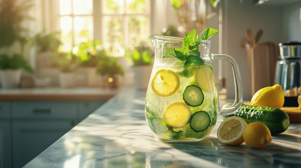 Green Ginger Lemonade for Metabolism and Craving Control green ginger lemonade Chilled glass of green ginger lemonade with lemon and mint