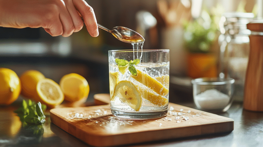 Unlock the Incredible Power of the Pink Salt Trick Recipe : A Surprising Morning Detox for Weight Loss pink salt trick recipe Stirring the Pink Salt Trick Recipe in a glass with a spoon.
