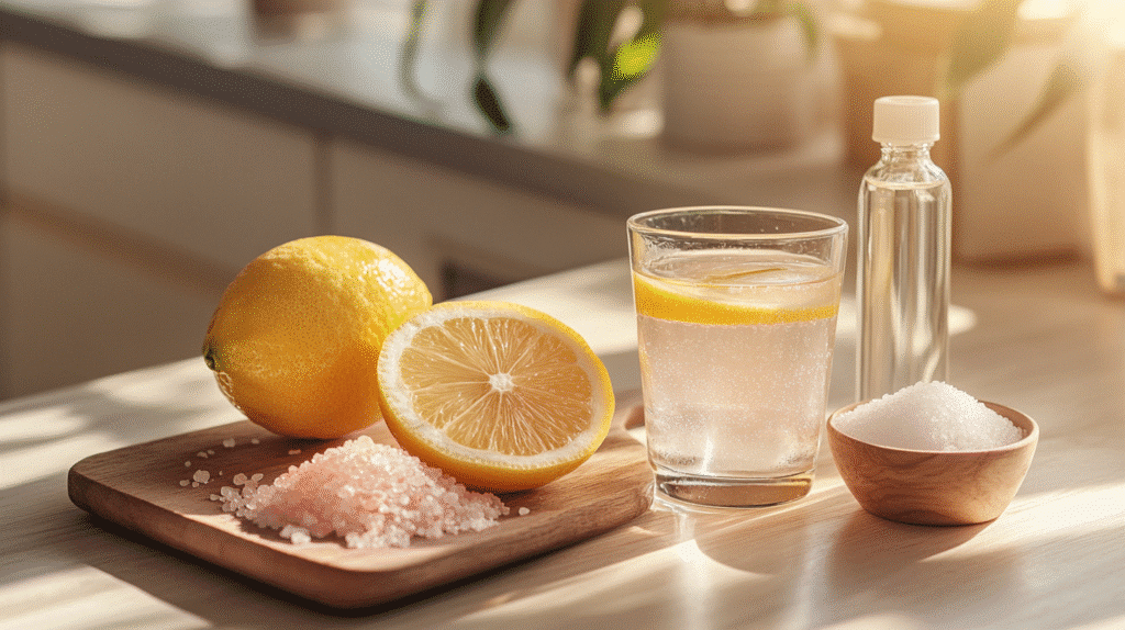 Unlock the Incredible Power of the Pink Salt Trick Recipe : A Surprising Morning Detox for Weight Loss pink salt trick recipe Pink Salt Trick Recipe ingredients prepared on a rustic board in a kitchen.