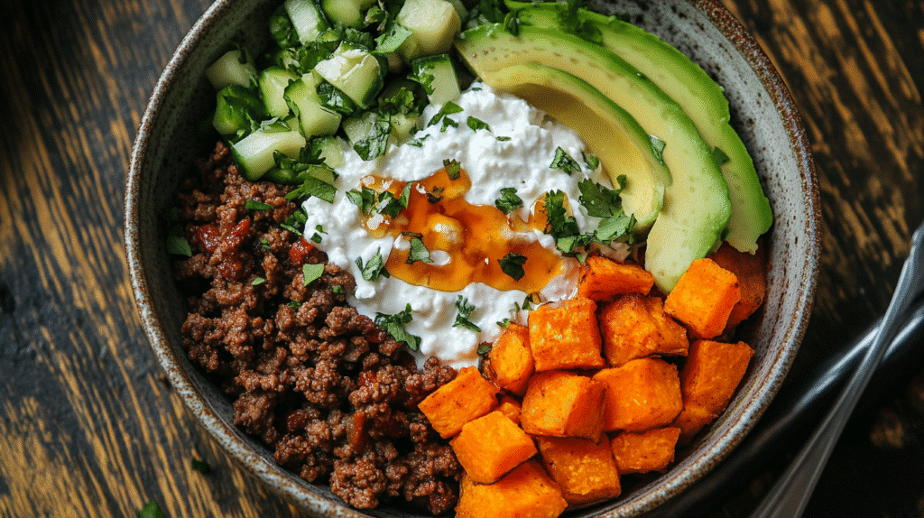 High-Protein Cottage Cheese Taco Bowl With Low Carbs For Easy Weight Loss Cottage Cheese Taco Bowl High-protein cottage cheese taco bowl with avocado and sweet potatoes