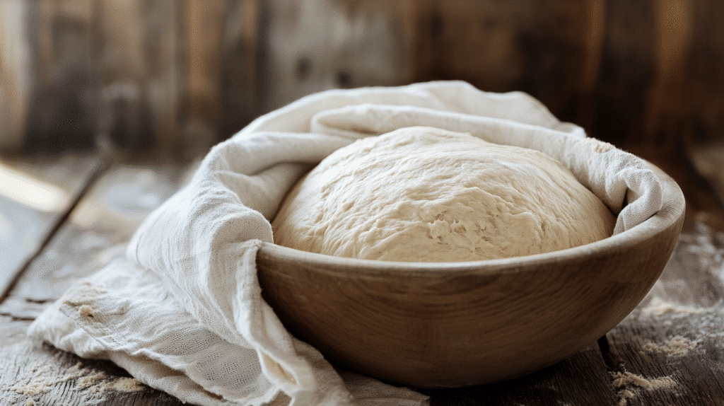 How to Make the Best Gluten Free Pizza Crust at Home gluten free pizza crust Gluten free pizza crust rising under a kitchen towel on a wooden surface