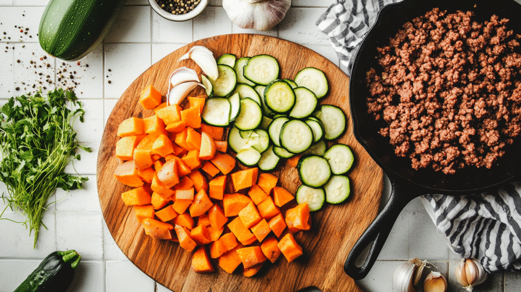 Delicious Home Made Ground Beef Zucchini Sweet Potato Skillet Ground Beef Zucchini Sweet Potato Skillet Ingredients for Ground Beef Zucchini Sweet Potato Skillet prepped on cutting board
