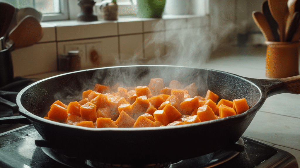 Delicious Home Made Ground Beef Zucchini Sweet Potato Skillet Ground Beef Zucchini Sweet Potato Skillet Sweet potatoes steaming in skillet for Ground Beef Zucchini Sweet Potato Skillet
