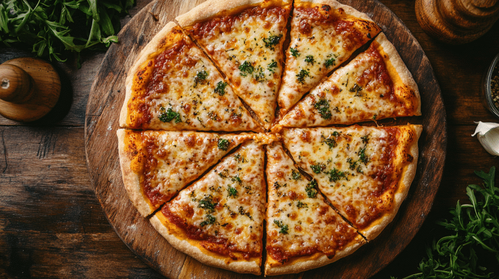 How to Make the Best Gluten Free Pizza Crust at Home gluten free pizza crust Freshly baked gluten free pizza crust on a wooden board in a rustic kitchen