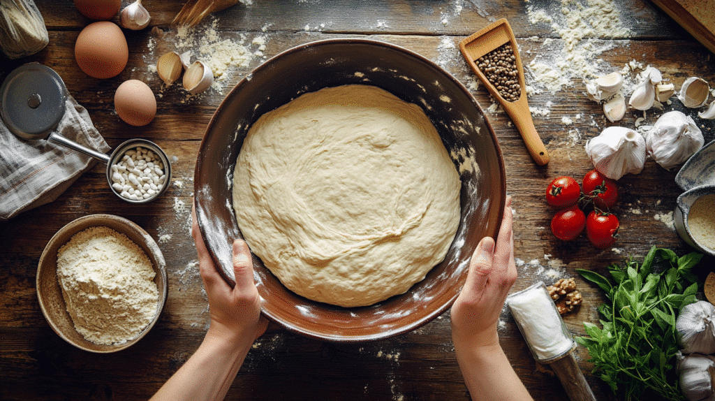 How to Make the Best Gluten Free Pizza Crust at Home gluten free pizza crust Mixing gluten free pizza crust dough in a ceramic bowl on a rustic wooden counter