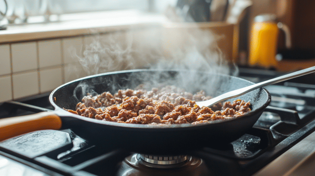 Delicious Home Made Ground Beef Zucchini Sweet Potato Skillet Ground Beef Zucchini Sweet Potato Skillet Ground beef cooking in skillet for Ground Beef Zucchini Sweet Potato Skillet