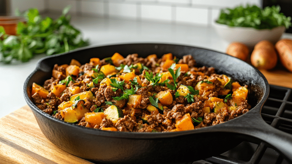 Delicious Home Made Ground Beef Zucchini Sweet Potato Skillet Ground Beef Zucchini Sweet Potato Skillet Final Ground Beef Zucchini Sweet Potato Skillet garnished with herbs