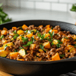 Delicious Home Made Ground Beef Zucchini Sweet Potato Skillet Ground Beef Zucchini Sweet Potato Skillet Final Ground Beef Zucchini Sweet Potato Skillet garnished with herbs