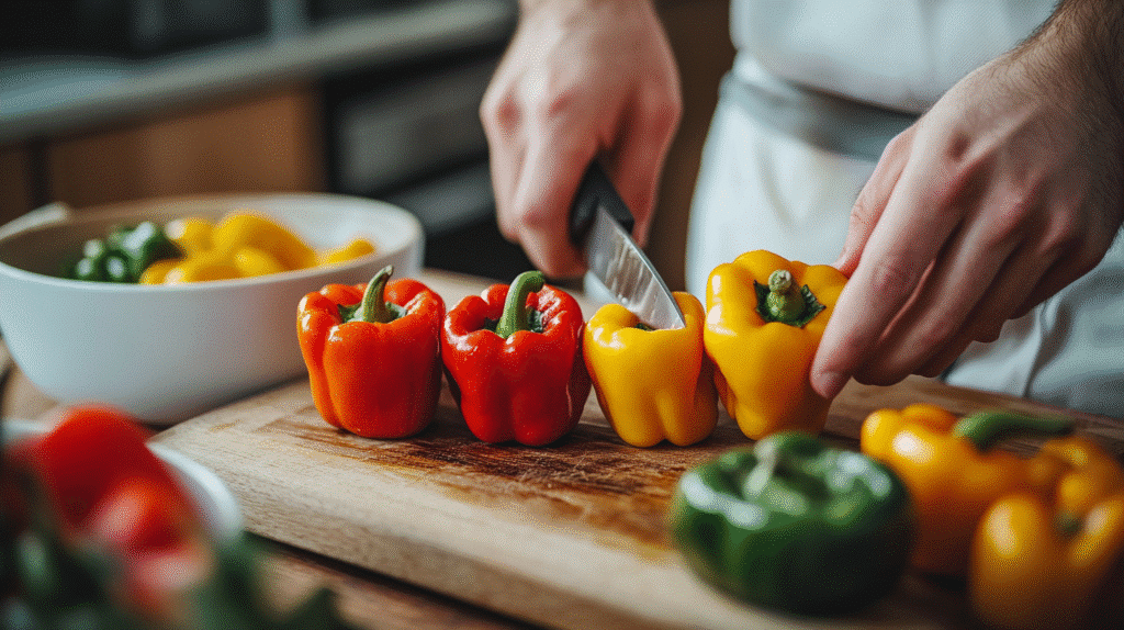 Healthy Stuffed Peppers You’ll Want Every Night | Easy Weight-Loss Recipe stuffed peppers Slicing fresh bell peppers to prepare stuffed peppers
