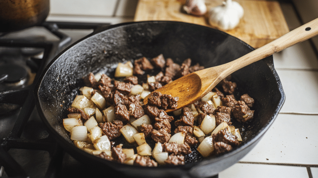 Delicious Home Made Ground Beef Zucchini Sweet Potato Skillet Ground Beef Zucchini Sweet Potato Skillet Onions and garlic sautéing in Ground Beef Zucchini Sweet Potato Skillet
