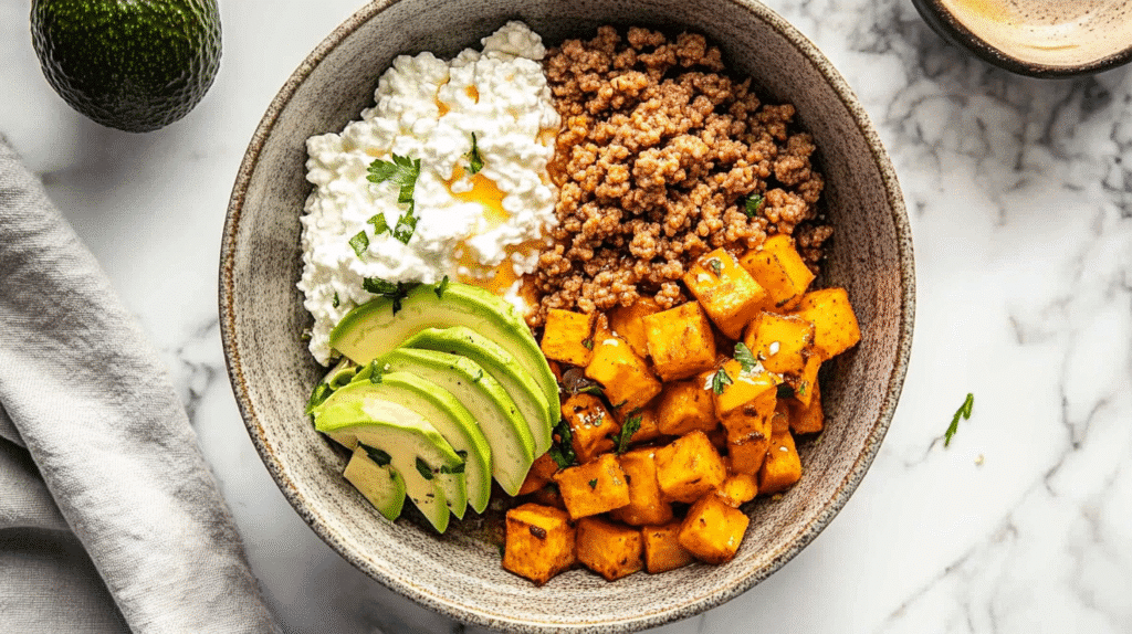 High-Protein Cottage Cheese Taco Bowl With Low Carbs For Easy Weight Loss Cottage Cheese Taco Bowl Assembling the Taco Bowl for cottage cheese taco bowl