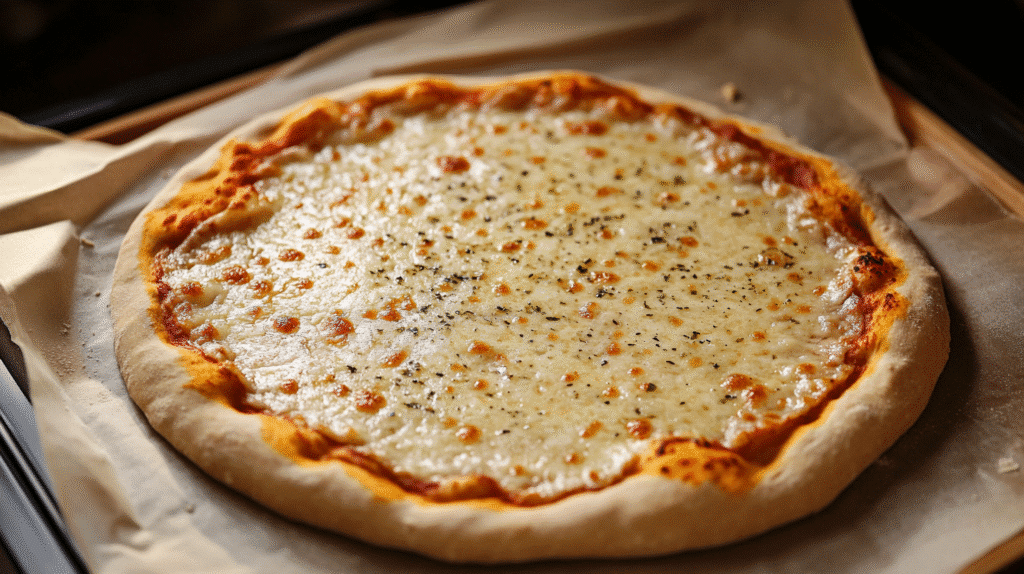 How to Make the Best Gluten Free Pizza Crust at Home gluten free pizza crust Par-baked gluten free pizza crust on a parchment-lined pizza stone inside farmhouse oven