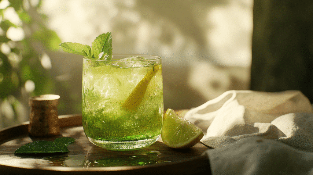 Green Ginger Lemonade for Metabolism and Craving Control green ginger lemonade Glass pitcher of green ginger lemonade with lemon and mint
