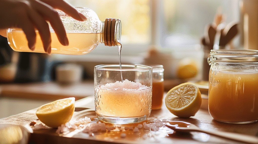 Fat-Burning Morning Elixir: Apple Cider Vinegar & Pink Salt Detox Drink 8 Preparing apple cider vinegar detox drink by mixing ingredients