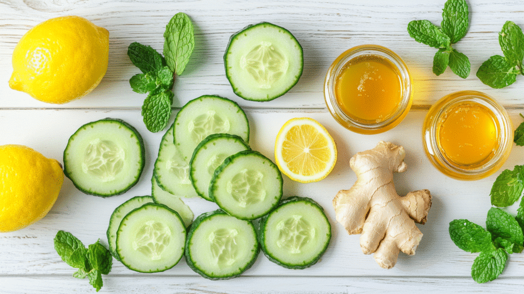 Green Ginger Lemonade for Metabolism and Craving Control green ginger lemonade Ingredients for green ginger lemonade on a white board