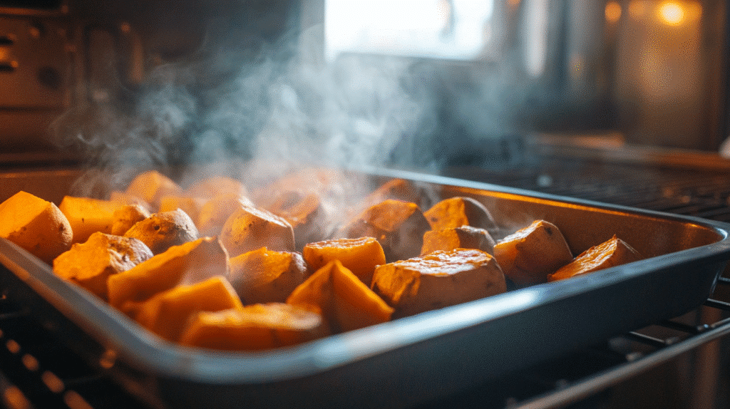 Japanese Sweet Potato - The Ultimate Guide to Flavor, Nutrition & Cooking japanese sweet potato Roasting Japanese sweet potatoes inside a modern stainless steel oven