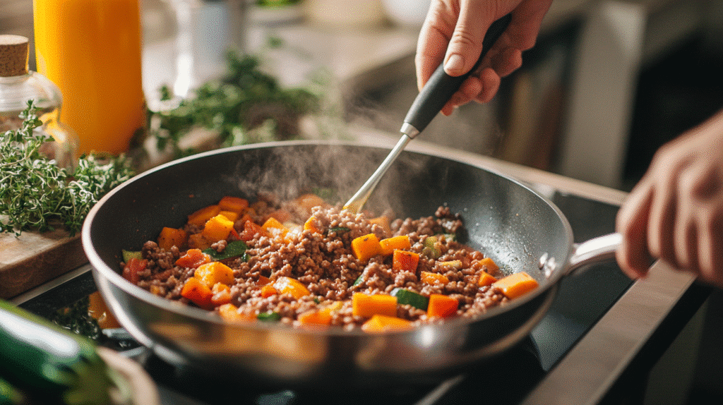 Delicious Home Made Ground Beef Zucchini Sweet Potato Skillet Ground Beef Zucchini Sweet Potato Skillet Zucchini and sauce added to Ground Beef Zucchini Sweet Potato Skillet